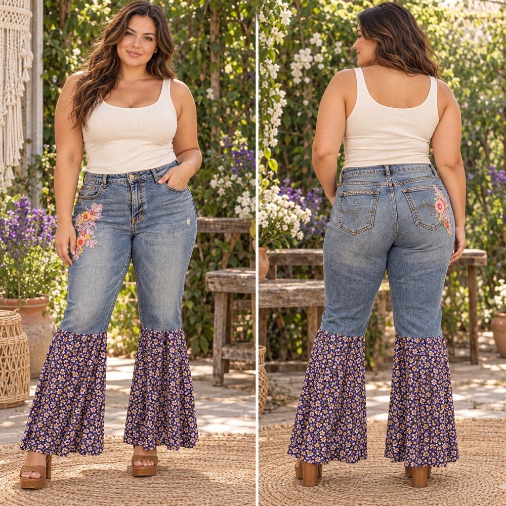 Upcycled 16 Purple Floral Flare Jeans Embroidered Boho Hippie Festival